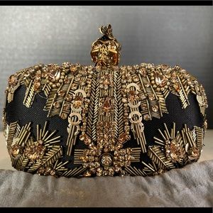 PRE FALL SALE Alexander McQueen Crystal-Embroidered Black Gold Skull Clutch